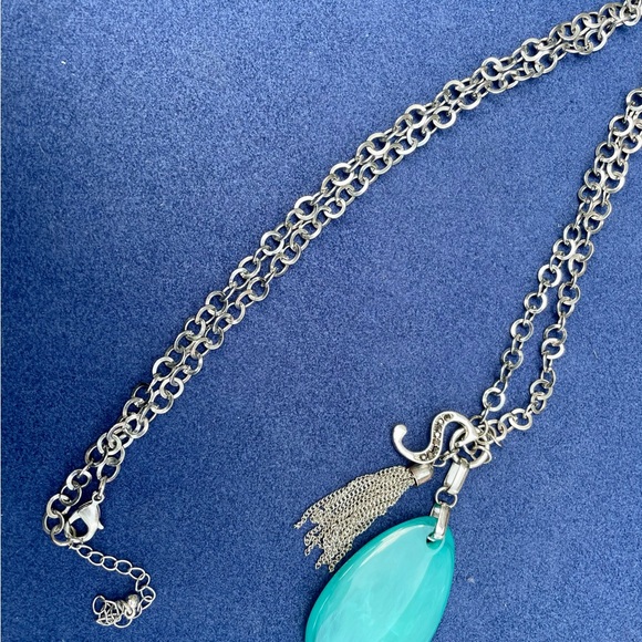 Silver colored necklace with large aqua colored stone, letter S & silver tassel - Picture 1 of 8
